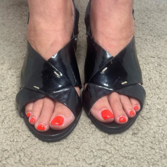 ANYI LU Made in ITALY BlLACK PATENT LEATHER WEDGE SANDAL MADE in ITALY SIZE 41 M - Picture 7 of 16